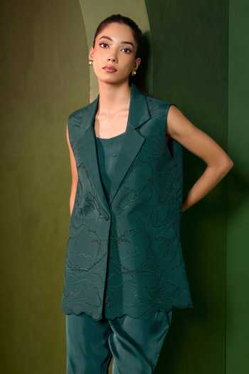 Shop_Omana By Ranjana Bothra_Emerald Green Satin Arabella Hand Embroidered Blazer Trouser Set _Online_at_Aza_Fashions