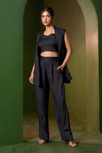 Omana By Ranjana Bothra_Black Satin Arabella Embroidered Blazer And Trouser Set _Online_at_Aza_Fashions
