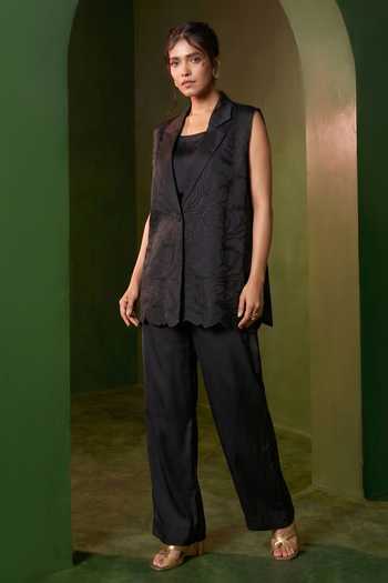 Buy_Omana By Ranjana Bothra_Black Satin Arabella Embroidered Blazer And Trouser Set _Online_at_Aza_Fashions