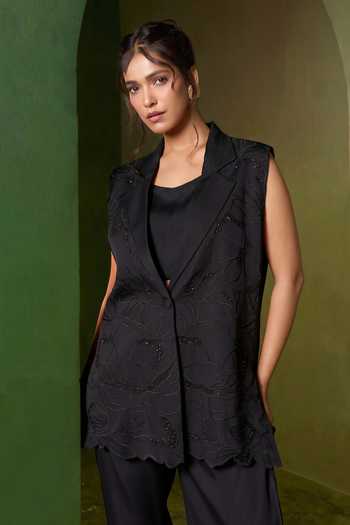 Shop_Omana By Ranjana Bothra_Black Satin Arabella Embroidered Blazer And Trouser Set _Online_at_Aza_Fashions
