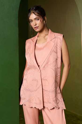 Shop_Omana By Ranjana Bothra_Peach Satin Arabella Embroidered Blazer And Trouser Set _Online_at_Aza_Fashions
