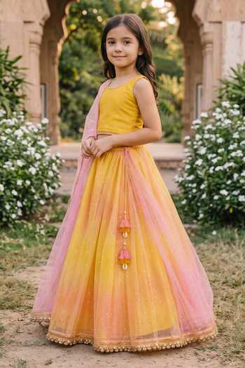 Petite Pomme Yellow Dupion, Net, Crepe Shaded Sequin Scattered Lehenga Set Online at Aza Fashions Petite Pomme_Yellow Dupion, Net, Crepe Shaded Sequin Scattered Lehenga Set _Online_at_Aza_Fashions