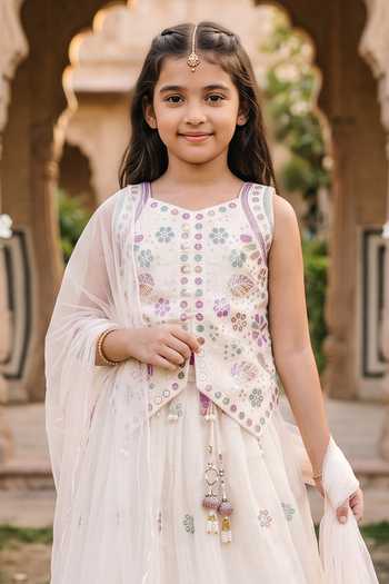 Petite Pomme White Silk Embroidered Sleeveless Blouse Lehenga Set Online at Aza Fashions Petite Pomme_White Silk Embroidered Sleeveless Blouse Lehenga Set _Online_at_Aza_Fashions