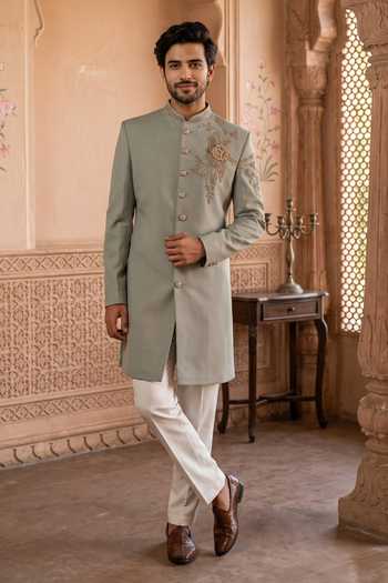 Arihant Rai Sinha Embroidered Mandarin Collar Sherwani & Off White Pant 
