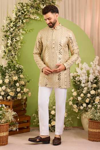 Buy_Kasbah_Beige Tissue The Golden Hour Mirror Work Kurta _Online_at_Aza_Fashions