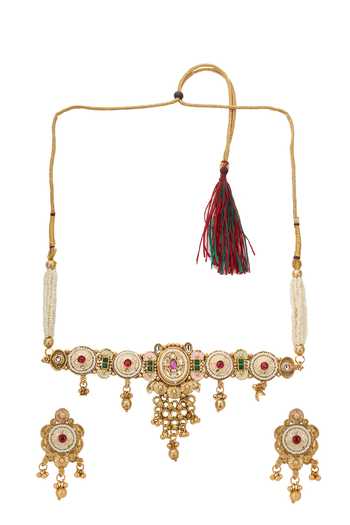 Shop Nazaakat By Samara Singh Gold Plated Polki Embellished Choker Necklace And Earrings Set Shop_Nazaakat By Samara Singh_Gold Plated Polki Embellished Choker Necklace And Earrings Set
