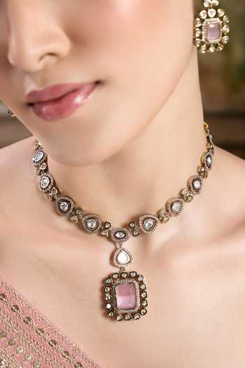 Shop Nazaakat By Samara Singh Pink Pastel Pendant Drop Necklace Set Shop_Nazaakat By Samara Singh_Pink Pastel Pendant Drop Necklace Set