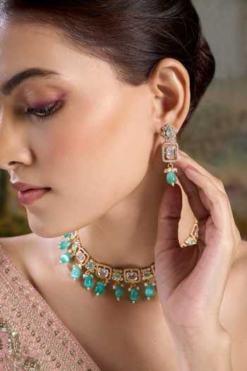 Nazaakat By Samara Singh Green Drop Choker Necklace With Earrings Online at Aza Fashions Nazaakat By Samara Singh_Green Drop Choker Necklace With Earrings _Online_at_Aza_Fashions
