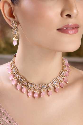 Nazaakat By Samara Singh Gold Plated Stone Drop Choker Necklace With Earrings at Aza Fashions Nazaakat By Samara Singh_Gold Plated Stone Drop Choker Necklace With Earrings _at_Aza_Fashions