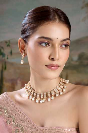 Shop Nazaakat By Samara Singh Gold Plated Embellished Necklace With Drop Earrings Shop_Nazaakat By Samara Singh_Gold Plated Embellished Necklace With Drop Earrings