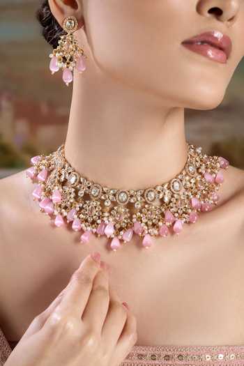 Nazaakat By Samara Singh Gold Plated Pastel Stone Drop Embellished Necklace Set at Aza Fashions Nazaakat By Samara Singh_Gold Plated Pastel Stone Drop Embellished Necklace Set _at_Aza_Fashions