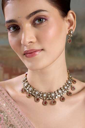 Nazaakat By Samara Singh Gold Plated Embellished Necklace With Earrings Online at Aza Fashions Nazaakat By Samara Singh_Gold Plated Embellished Necklace With Earrings _Online_at_Aza_Fashions