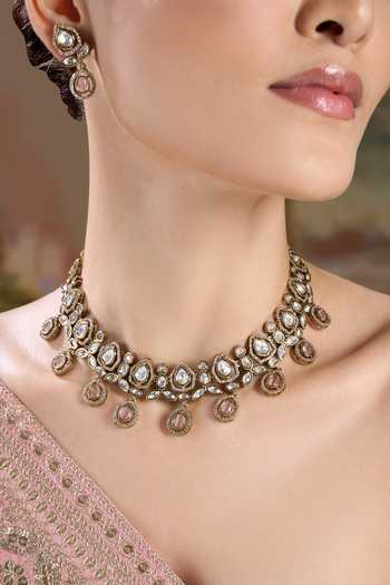 Nazaakat By Samara Singh Gold Plated Embellished Choker Necklace With Earrings Online at Aza Fashions Nazaakat By Samara Singh_Gold Plated Embellished Choker Necklace With Earrings _Online_at_Aza_Fashions