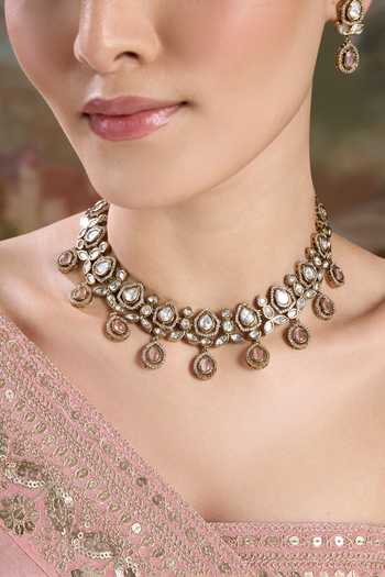 Buy Nazaakat By Samara Singh Gold Plated Embellished Choker Necklace With Earrings Buy_Nazaakat By Samara Singh_Gold Plated Embellished Choker Necklace With Earrings