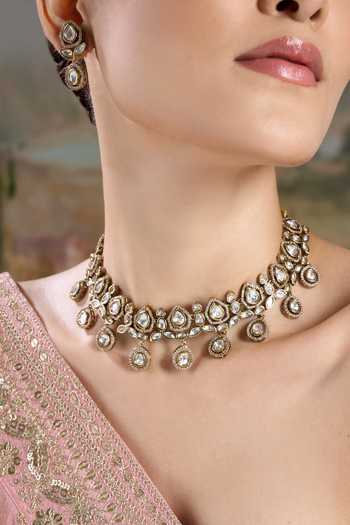 Nazaakat By Samara Singh Gold Plated Embellished Choker Necklace With Earrings Online at Aza Fashions Nazaakat By Samara Singh_Gold Plated Embellished Choker Necklace With Earrings _Online_at_Aza_Fashions