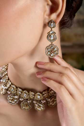 Shop Nazaakat By Samara Singh Gold Plated Embellished Floral Drop Necklace Set Online at Aza Fashions Shop_Nazaakat By Samara Singh_Gold Plated Embellished Floral Drop Necklace Set _Online_at_Aza_Fashions
