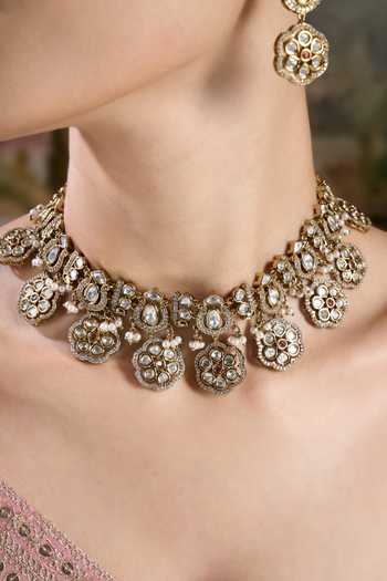 Shop Nazaakat By Samara Singh Gold Plated Embellished Floral Drop Necklace Set Shop_Nazaakat By Samara Singh_Gold Plated Embellished Floral Drop Necklace Set