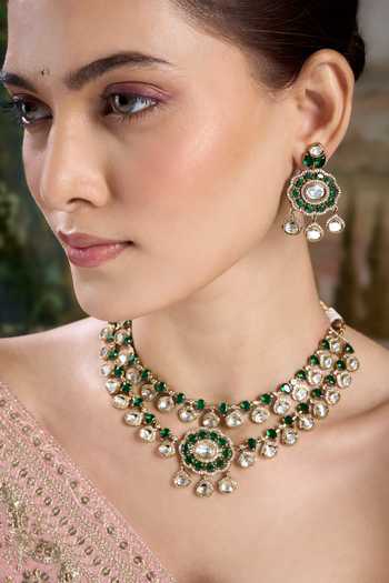Nazaakat By Samara Singh Gold Plated Embellished Layered Necklace With Earrings Online at Aza Fashions Nazaakat By Samara Singh_Gold Plated Embellished Layered Necklace With Earrings _Online_at_Aza_Fashions