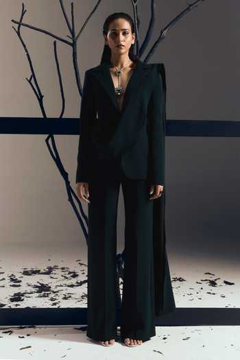 Buy Tisharth By Shivani Black Polyester Teal Draped Coat And Pant Co-ord Set Online at Aza Fashions Buy_Tisharth By Shivani_Black Polyester Teal Draped Coat And Pant Co-ord Set _Online_at_Aza_Fashions