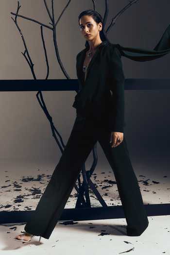 Shop Tisharth By Shivani Black Polyester Teal Draped Coat And Pant Co-ord Set Online at Aza Fashions Shop_Tisharth By Shivani_Black Polyester Teal Draped Coat And Pant Co-ord Set _Online_at_Aza_Fashions
