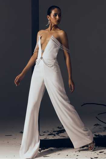Tisharth By Shivani Plunge Neck Pearl Jewelled Jumpsuit 