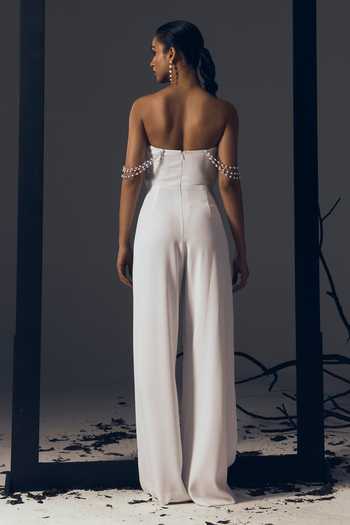 Tisharth By Shivani Plunge Neck Pearl Jewelled Jumpsuit 