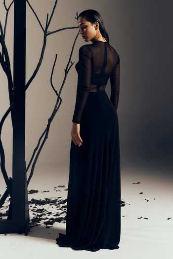 Tisharth By Shivani Sheer Bodysuit & Long Draped Skirt Set 