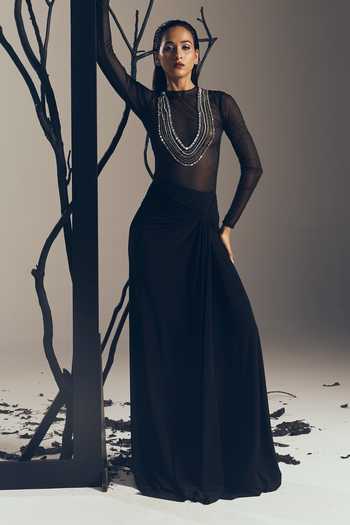 Tisharth By Shivani Sheer Bodysuit & Long Draped Skirt Set 