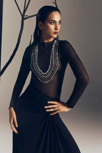Tisharth By Shivani Black Polyester Pearls, Stones High Neck Sheer Bodysuit And Long Draped Skirt Set Online at Aza Fashions Tisharth By Shivani_Black Polyester Pearls, Stones High Neck Sheer Bodysuit And Long Draped Skirt Set _Online_at_Aza_Fashions