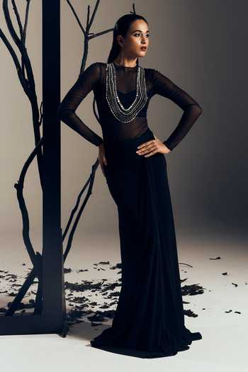 Buy Tisharth By Shivani Black Polyester Pearls, Stones High Neck Sheer Bodysuit And Long Draped Skirt Set Online at Aza Fashions Buy_Tisharth By Shivani_Black Polyester Pearls, Stones High Neck Sheer Bodysuit And Long Draped Skirt Set _Online_at_Aza_Fashions