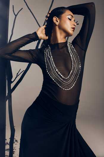 Shop Tisharth By Shivani Black Polyester Pearls, Stones High Neck Sheer Bodysuit And Long Draped Skirt Set Online at Aza Fashions Shop_Tisharth By Shivani_Black Polyester Pearls, Stones High Neck Sheer Bodysuit And Long Draped Skirt Set _Online_at_Aza_Fashions