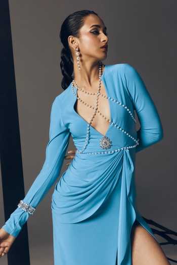Buy Tisharth By Shivani Blue Polyester, Lycra V-, Plunge Cascading Jewelled Slit Maxi Dress Online at Aza Fashions Buy_Tisharth By Shivani_Blue Polyester, Lycra V-, Plunge Cascading Jewelled Slit Maxi Dress _Online_at_Aza_Fashions
