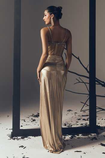 Tisharth By Shivani Jewelled Bustier Shimmer Slit Gown 