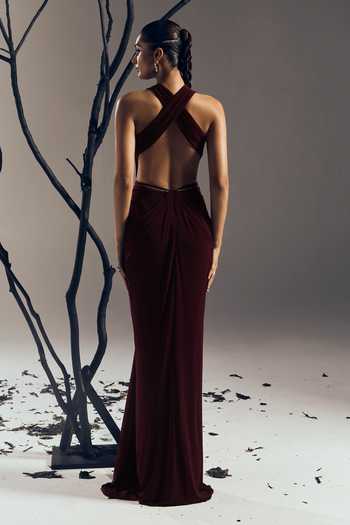 Tisharth By Shivani Plunge Neck Jewelled Gown 
