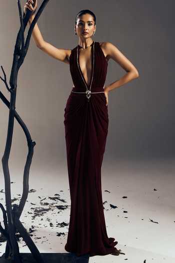 Tisharth By Shivani Plunge Neck Jewelled Gown 