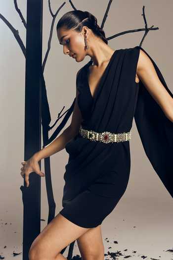 Tisharth By Shivani Black Polyester V-neck Bejewelled Belt Draped Bodycon Dress Online at Aza Fashions Tisharth By Shivani_Black Polyester V-neck Bejewelled Belt Draped Bodycon Dress _Online_at_Aza_Fashions