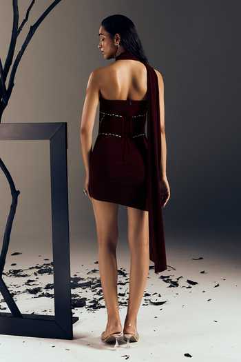 Tisharth By Shivani Merlot Draped Dress With Jewelled Corset Belt 