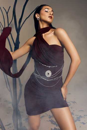 Tisharth By Shivani Wine Polyester Stones, Chains Merlot Draped Dress With Jewelled Corset Belt Online at Aza Fashions Tisharth By Shivani_Wine Polyester Stones, Chains Merlot Draped Dress With Jewelled Corset Belt _Online_at_Aza_Fashions