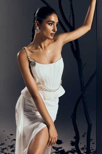 Shop Tisharth By Shivani White Polyester Pearls, Stones, Diamonds, Structured Corset With Draped Skirt Online at Aza Fashions Shop_Tisharth By Shivani_White Polyester Pearls, Stones, Diamonds, Structured Corset With Draped Skirt _Online_at_Aza_Fashions