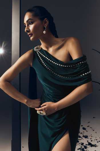 Buy Tisharth By Shivani Green Polyester One Shoulder Pearl Jewelled Draped Dress Online at Aza Fashions Buy_Tisharth By Shivani_Green Polyester One Shoulder Pearl Jewelled Draped Dress _Online_at_Aza_Fashions