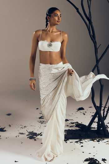 Buy Tisharth By Shivani White Polyester Stones, Lace Bandeau Pre-draped Saree With Jewelled Bralette Online at Aza Fashions Buy_Tisharth By Shivani_White Polyester Stones, Lace Bandeau Pre-draped Saree With Jewelled Bralette _Online_at_Aza_Fashions
