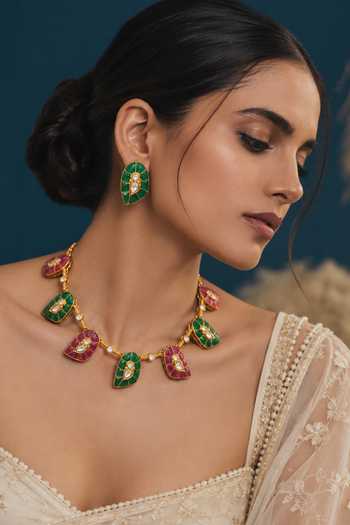 Queens Jewels Emerald & Ruby Leaf Necklace Set 