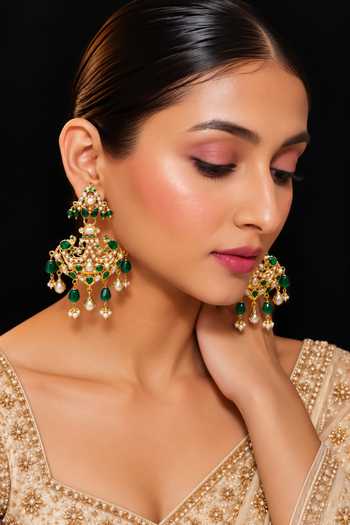Queens Jewels Green Jadau Chandbali Earrings 