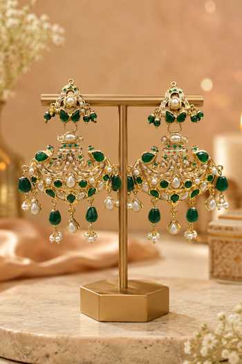 Queens Jewels Green Jadau Chandbali Earrings 