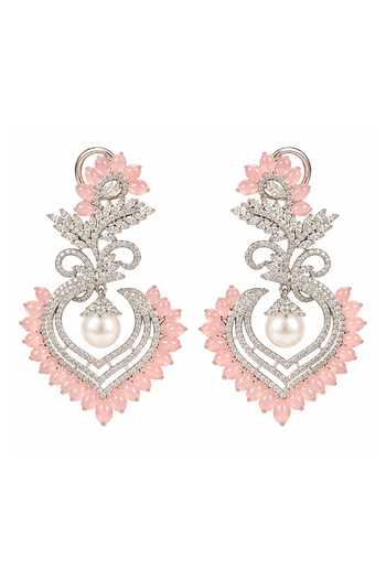 Queens Jewels Silver Plated Pink Blossom Pearl American Diamond Earrings Online at Aza Fashions Queens Jewels_Silver Plated Pink Blossom Pearl American Diamond Earrings _Online_at_Aza_Fashions