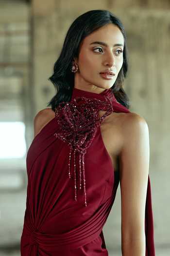 Supria Munjal_Red Crepe Beads Halter Neck Garnet Draped Gown _Online_at_Aza_Fashions