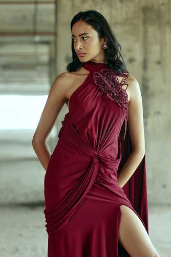 Buy_Supria Munjal_Red Crepe Beads Halter Neck Garnet Draped Gown _Online_at_Aza_Fashions