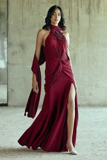 Shop_Supria Munjal_Red Crepe Beads Halter Neck Garnet Draped Gown _Online_at_Aza_Fashions