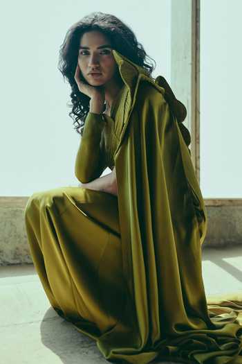 Supria Munjal Olive Green Crepe Fabric Flowers Plunge Neck Sculpted Floral Gown Online at Aza Fashions Supria Munjal_Olive Green Crepe Fabric Flowers Plunge Neck Sculpted Floral Gown _Online_at_Aza_Fashions
