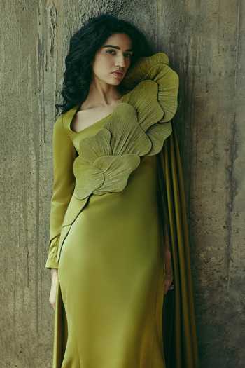Buy Supria Munjal Olive Green Crepe Fabric Flowers Plunge Neck Sculpted Floral Gown Online at Aza Fashions Buy_Supria Munjal_Olive Green Crepe Fabric Flowers Plunge Neck Sculpted Floral Gown _Online_at_Aza_Fashions